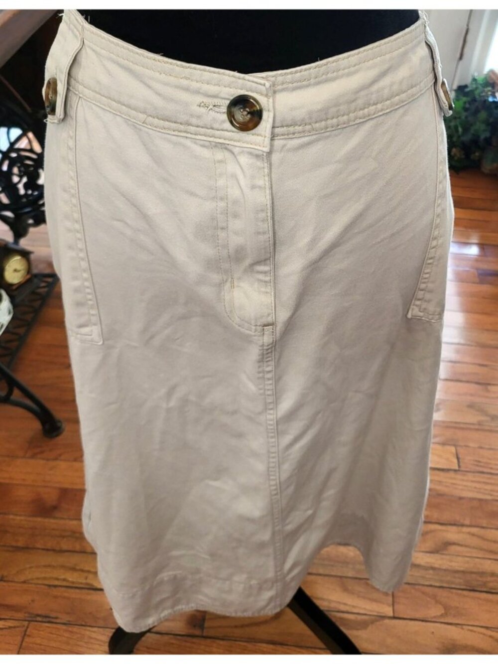 Kim Rogers Khaki A Line Midi Skirt 14 Preppy Minimal Modest Teacher Church 90s